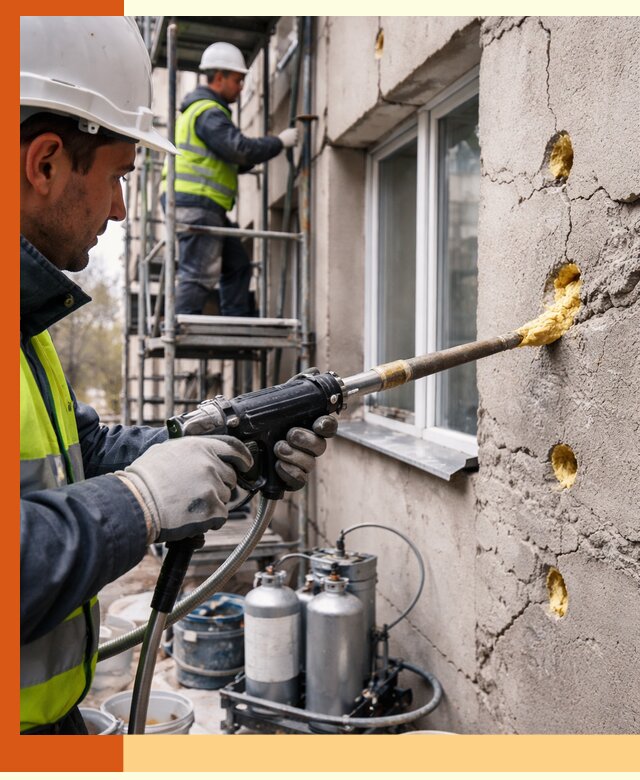 Заполнение пустот в фасаде и утепление стен в Сарапуле