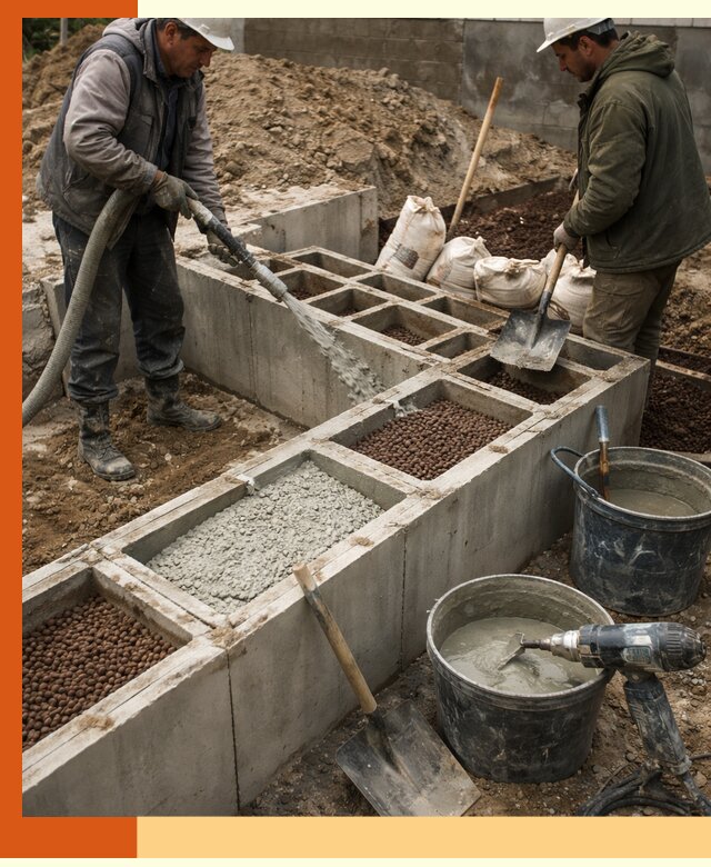 Заполнение полостей фундамента в Сарапуле герметичным утеплением и повышением прочности